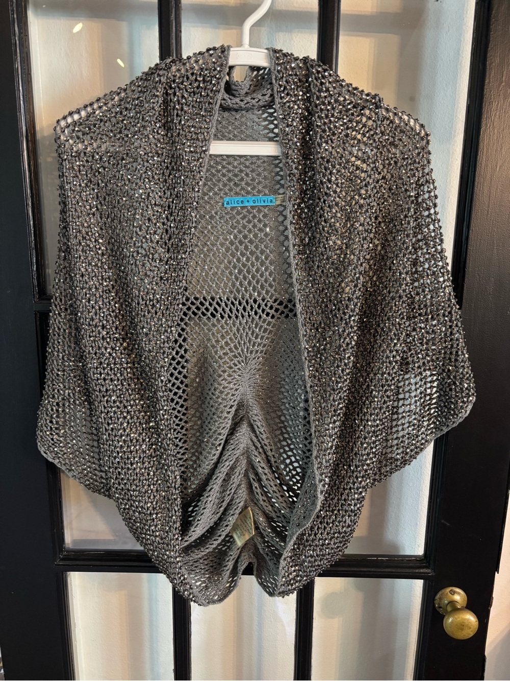 Alice + Olivia Open Front Beaded Sequence Charcoal Crochet Shrug